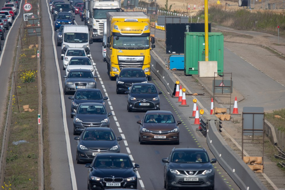  Traffic building up on the A14 near Cambridge on Good Friday morning