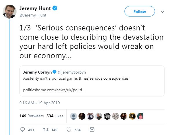  Jeremy Hunt posted a series of tweets in reply to Jeremy Corbyn