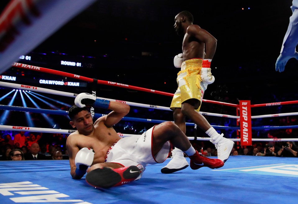 Amir Khan hit the deck in the first round against Terence Crawford at Madison Square Garden