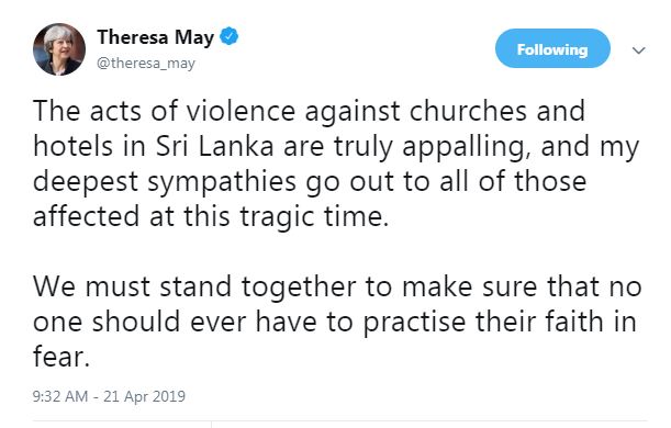 Theresa May paid tribute to the victims of the Sri Lanka Easter Bombings