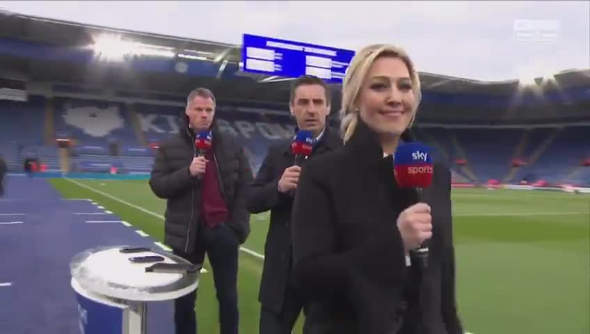 Kelly Cates leaves Gary Neville and Jamie Carragher on their own after being asked a question