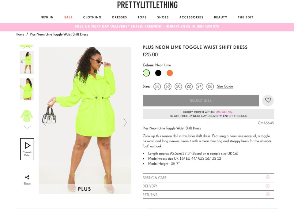  On the PrettyLittleThing website, the dress comes in three colours – lime, black and orange