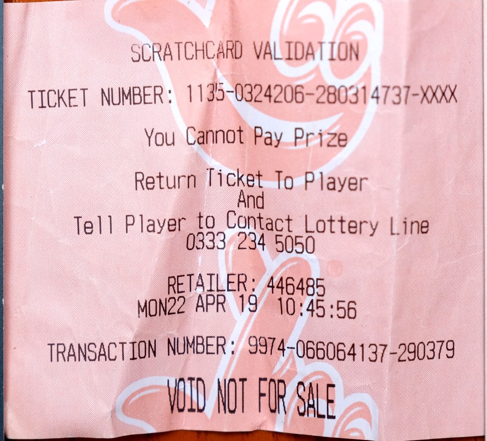  An official pink receipt confirming the scratchcard was a winner