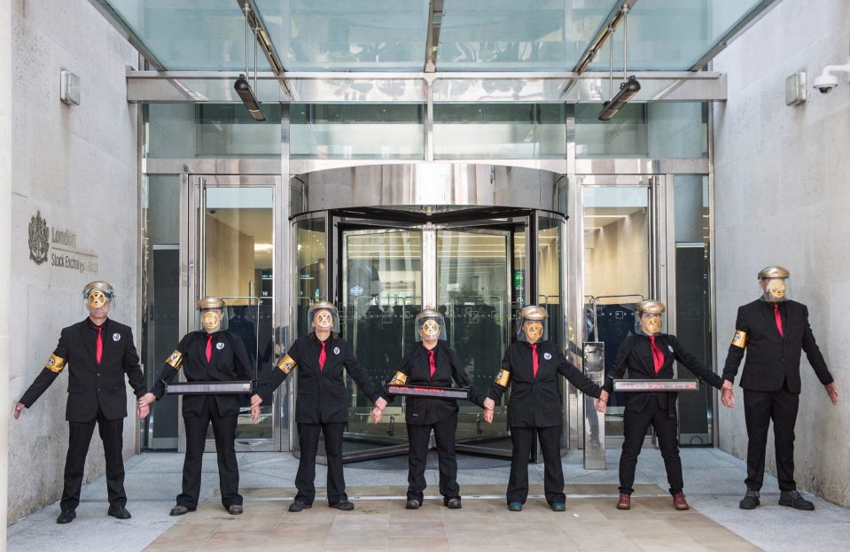  Activists glued themselves to the main entrance of the London Stock Exchange as one of a series of stunts carried out over ten days of protests