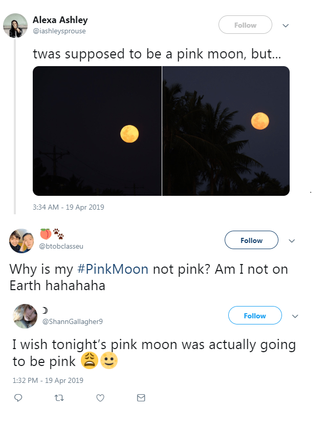 Several stargazers took to social media to ask why the pink moon wasn’t pink