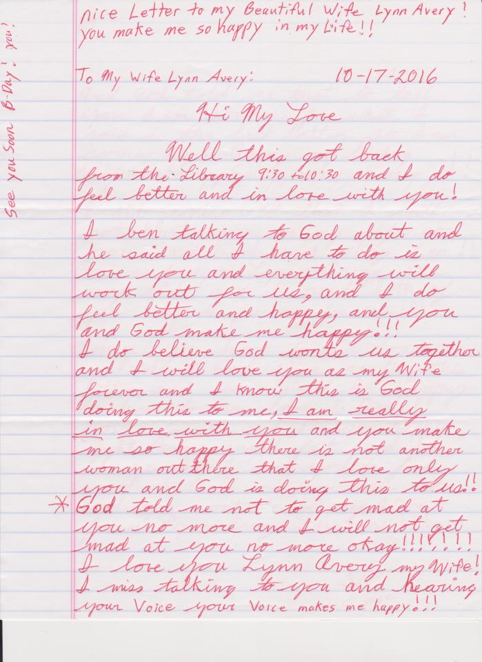  Avery wrote to Lynn that God told him not to get mad at her anymore