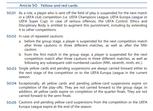 Uefa's regulations explain that three yellow cards equals a ban but they are wiped after the quarter-finals