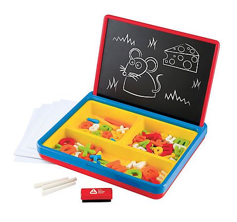 This magnetic blackboard comes with letters to stick on and chalk to write on the board