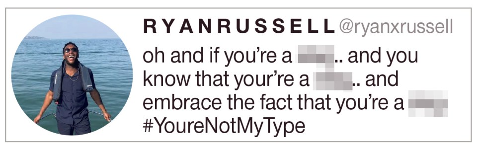  Ryan Russell made his sexist comments between July 2011 and August 2013 when he was aged between 20 and 22