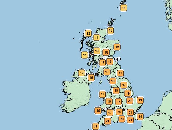  The Met Office temperature forecast for Saturday, 1pm