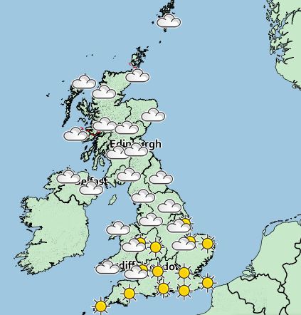  This map from the Met Office illustrates how most of the South will experience sunny weather on Saturday, April 20