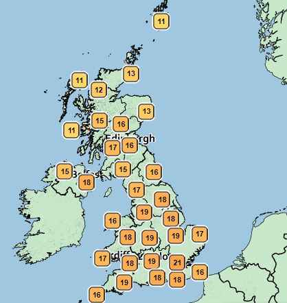  This Met Office temperature map shows how the mercury will climb on Saturday, April 20