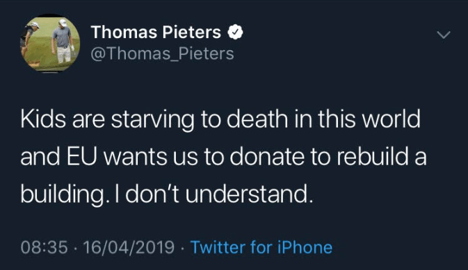  Ryder Cup star Thomas Pieters posted this now-deleted tweet