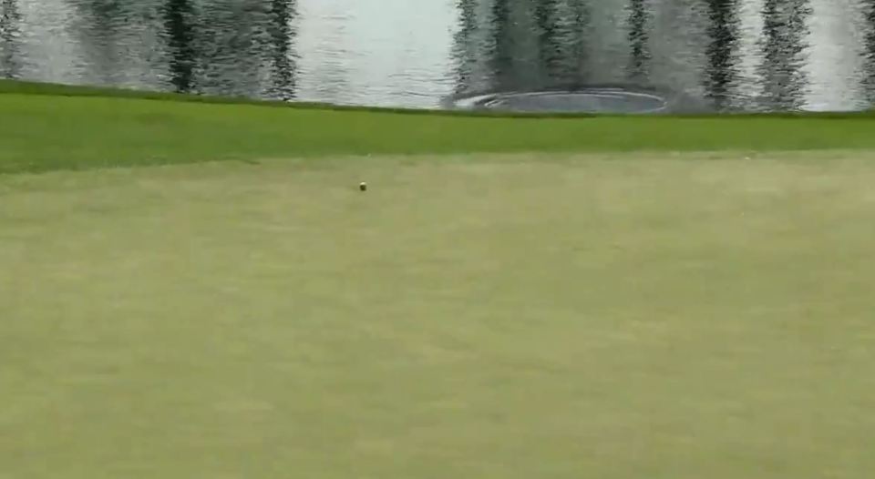  The ball flips up off the lake and on to the green to complete the amazing shot