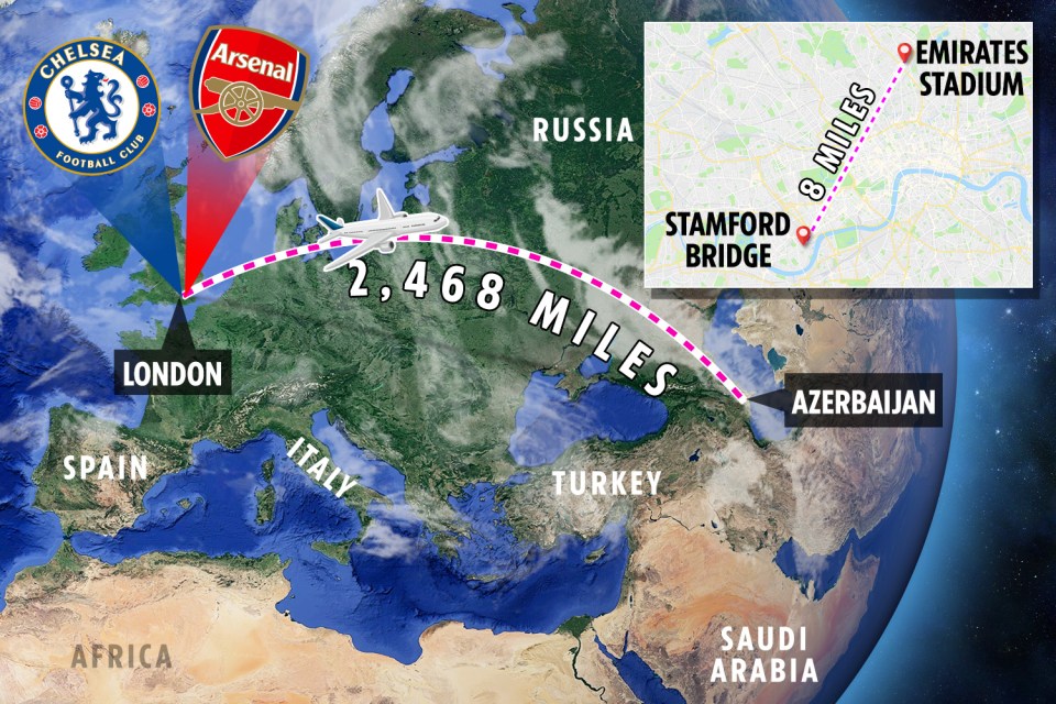  The Arsenal and Chelsea fans will have to travel to the eastern edge of Europe