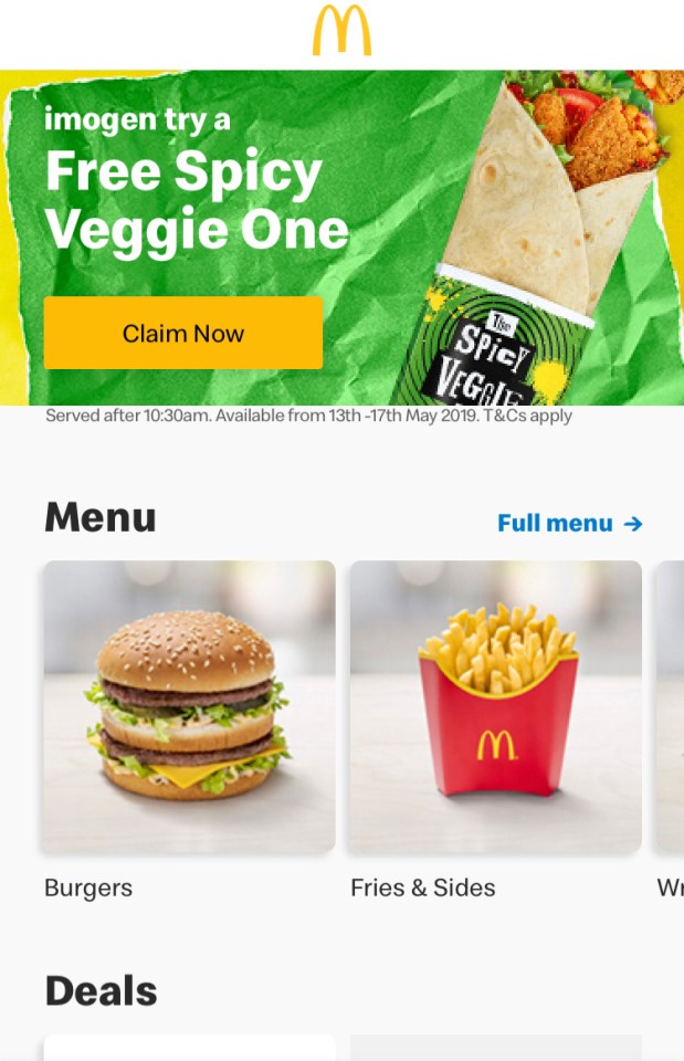  You can claim a free Spicy Veggie wrap on the McDonald's app this week - this is what it looks like on the app