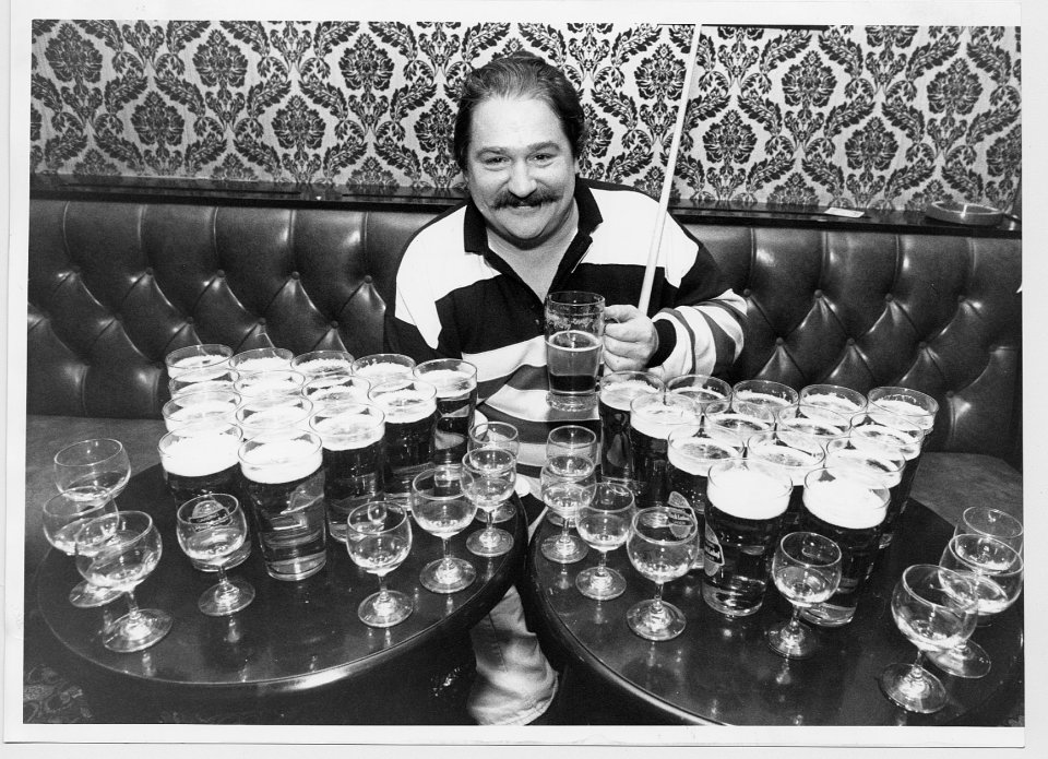 Snooker player Bill Werbeniuk with 28 pints and 16 whiskies which he needs to calm his nerves before and during a match