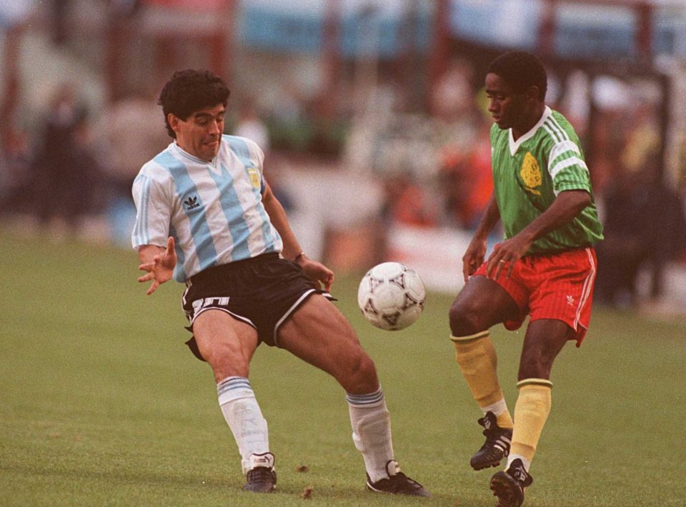  1990: Emile Mbouh challenges Maradona at the World Cup in Italy where Cameroon beat Argentina. Maradona then helped his side recover from the embarrassment to reach the final, where they lost to West Germany