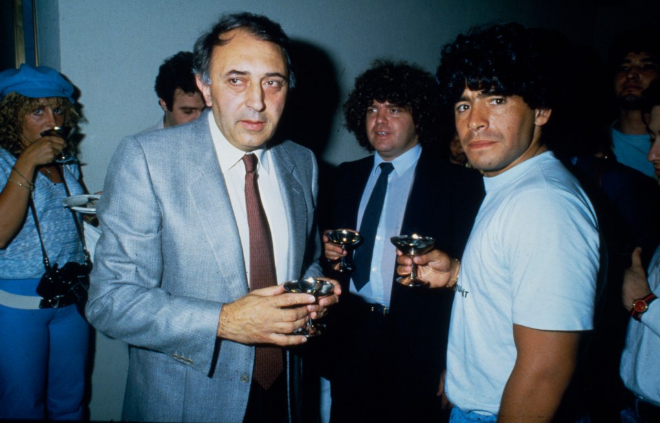 Napoli's new signing Diego Maradona with the Napoli President Corrado Ferlaino in June 1984