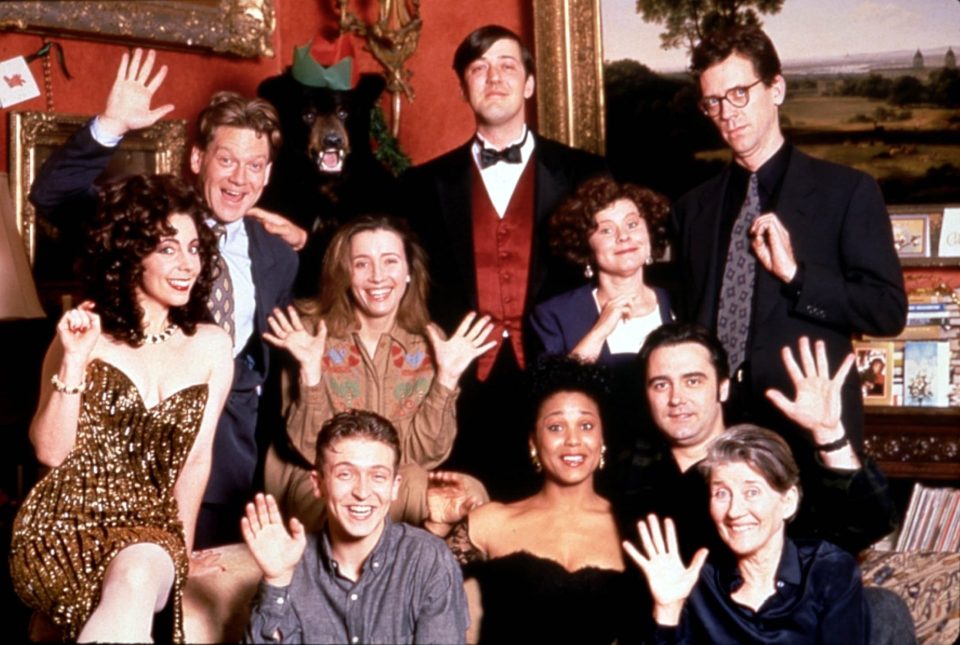  Tony Slattery, middle right, with Emma Thompson, Stephen Fry, Hugh Laurie, Imelda Staunton, Kenneth Brannagh in the 1992 film Peter's Friends