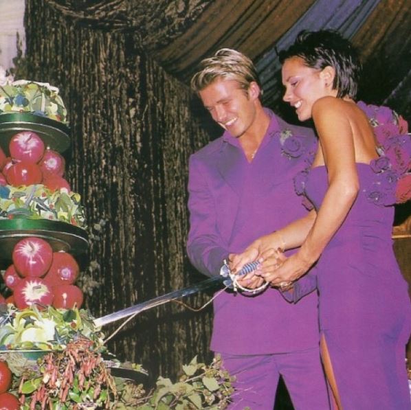 Victoria and David Beckham wore matching purple outfits at their wedding reception