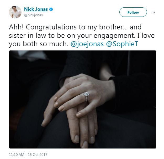  Nick Jonas, Joes brother congratulated their engagement on Twitter