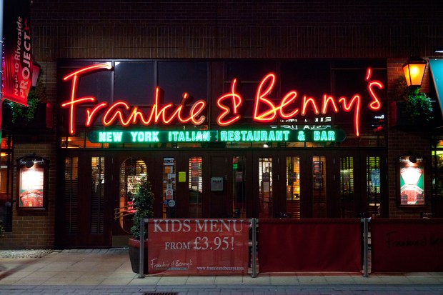 Frankie and Benny's restaurant in the dark