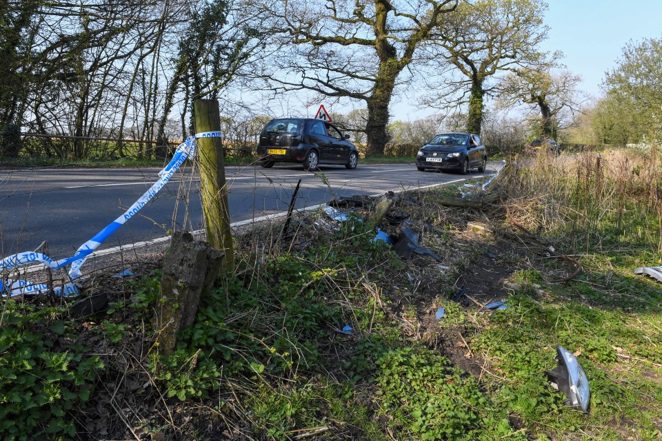 Debris was left strewn across the side of the road at the scene of the smash in near Ashley in Cheshire