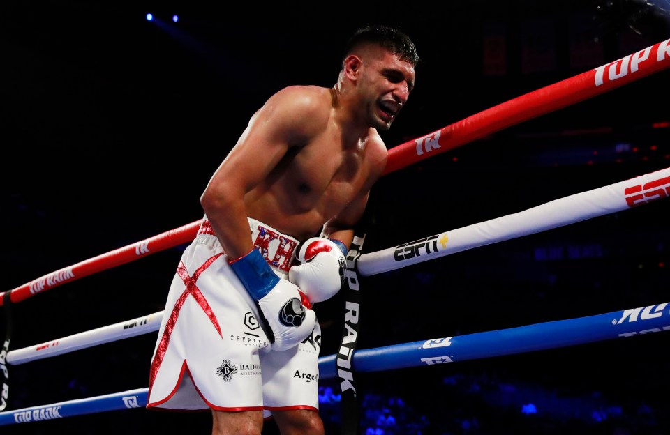  Amir during his world title defeat to Terence Crawford at Madison Square Garden last month