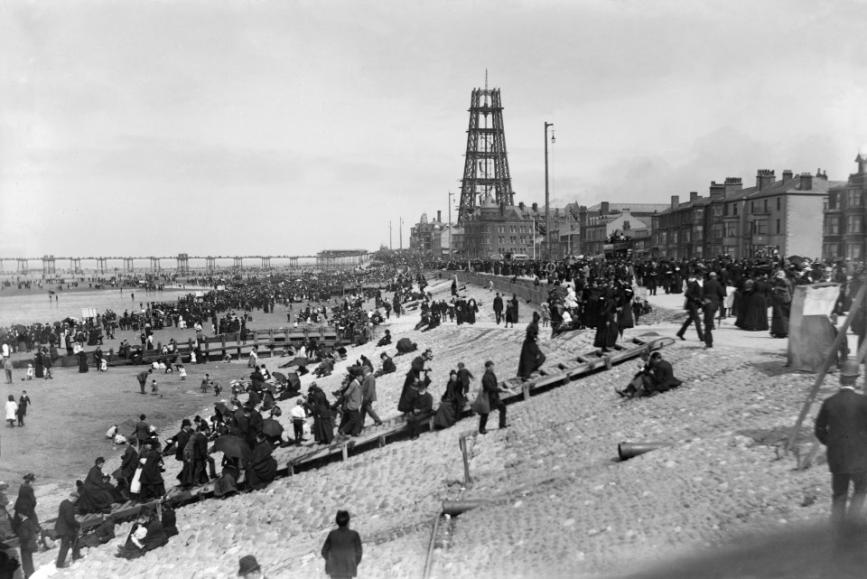  A view of the beach with the half-built Blackpool Tower in the distance