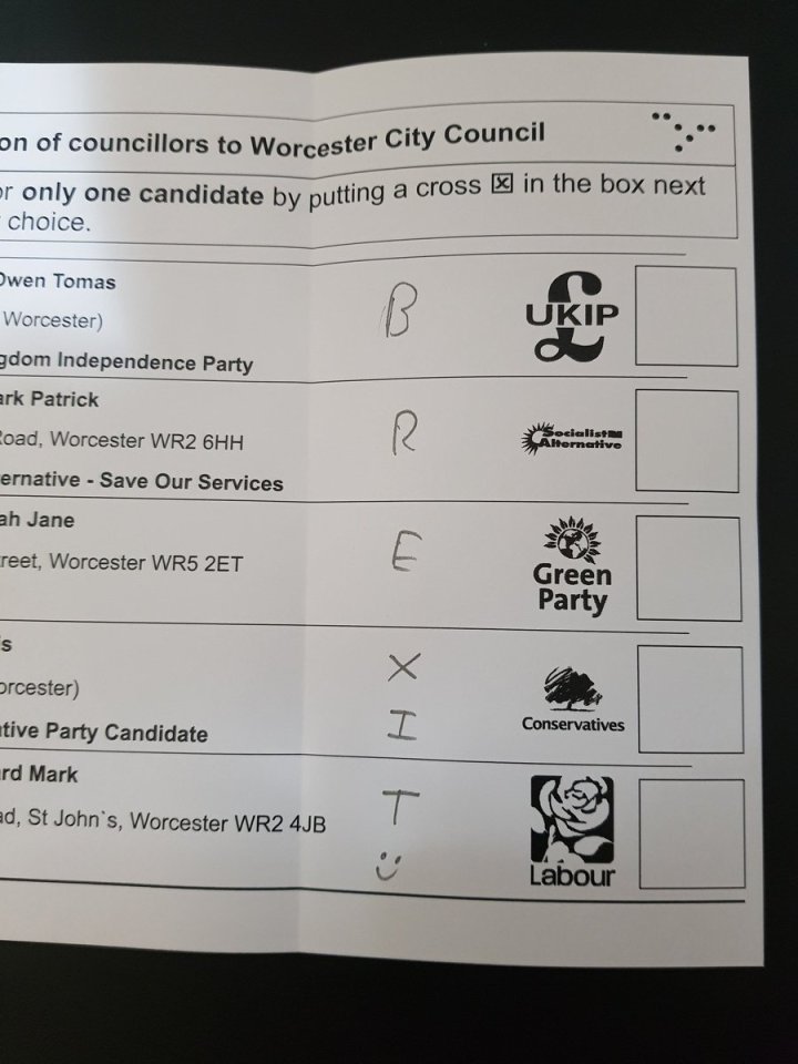  Several Brits just wrote "Brexit" on their ballot papers yesterday