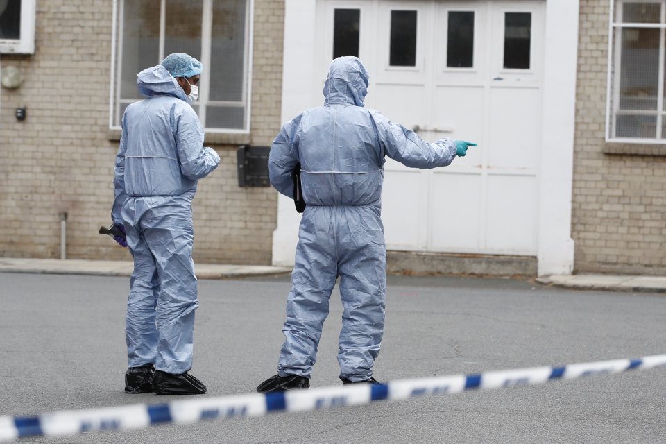  Forensic officers at the scene where Junior McCauley, 18, was knifed to death last night