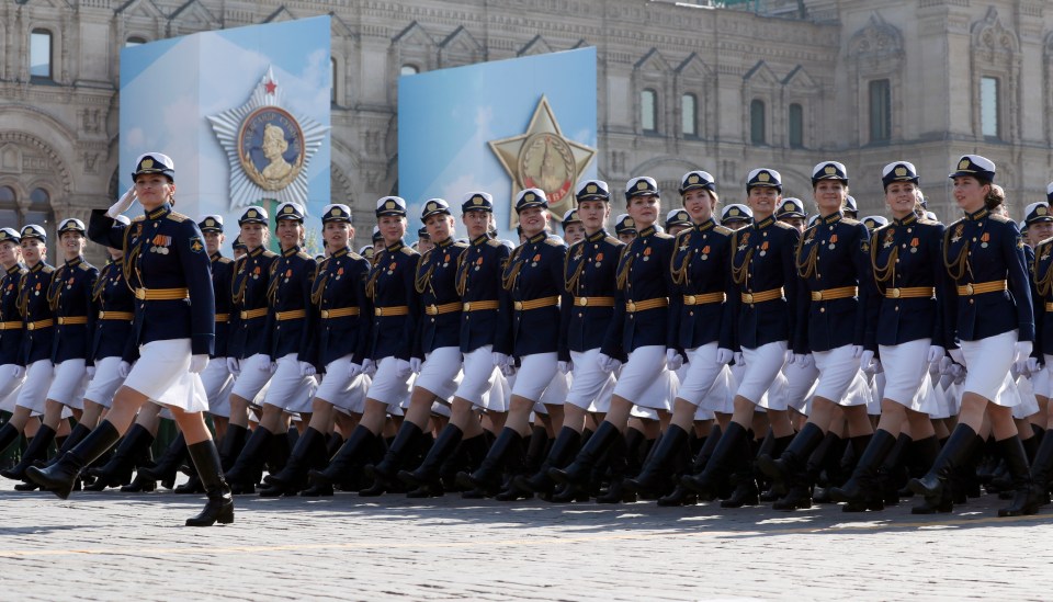  Russian students of a military high school, march during the final rehearsal of the Victory Day parade at Red Square in Moscow. Russia will mark the 74th anniversary of the victory over Nazi Germany in the World War II and it's allies on May 9. The Soviet Union lost 27 million people during the war