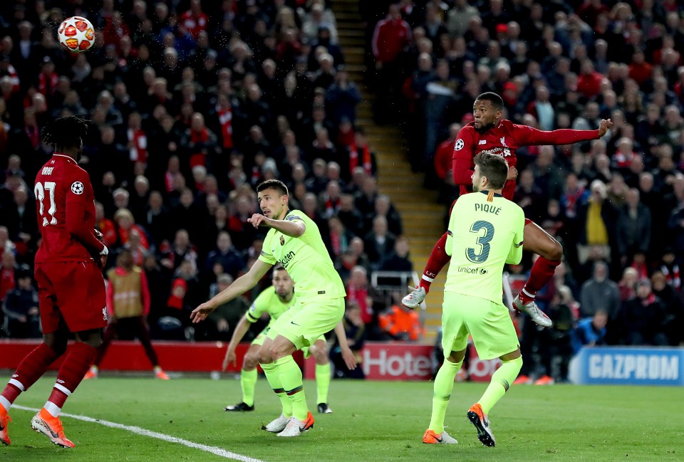 Gini Wijnaldum leaps to head the Reds level on aggregate just 31 seconds after the restart following his first goal