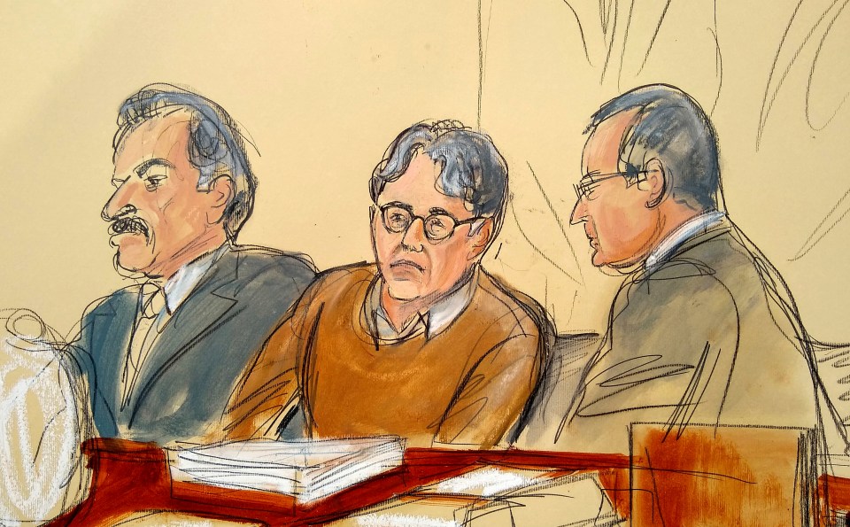  Courtroom drawing of Keith Raniere, center, is seated between his attorneys Paul DerOhannesian, left, and Marc Agnifilo during the first day of his sex trafficking trial