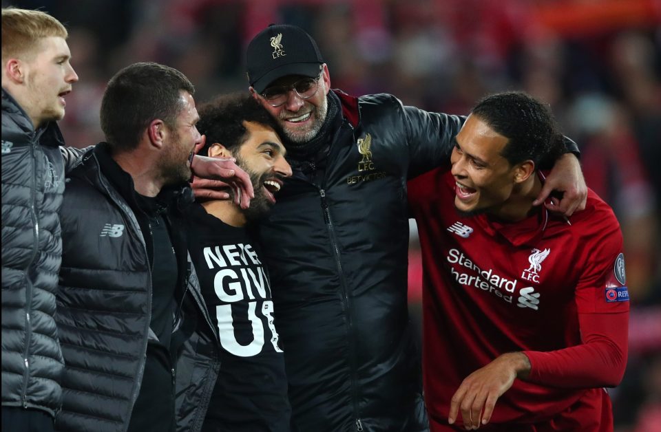  Jurgen Klopp hugged Reds heroes Mo Salah and Virgil van Dijk at full-time