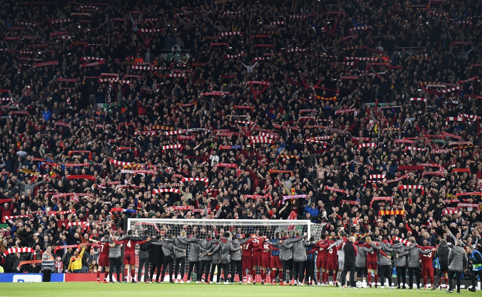  Liverpool players celebrate in front of their fans after the UEFA Champions League semi final 2nd leg match between Liverpool FC and FC Barcelona at Anfield. Liverpool went home with the historic 4-0 win on May 7