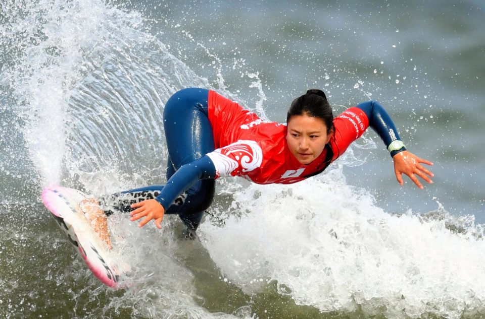  Surfer Shino Matsuda competes in the Women's event during day two of the surfing Japan Open at Tsurigasaki Beach on May 7 in Ichinomiya, Chiba in Japan