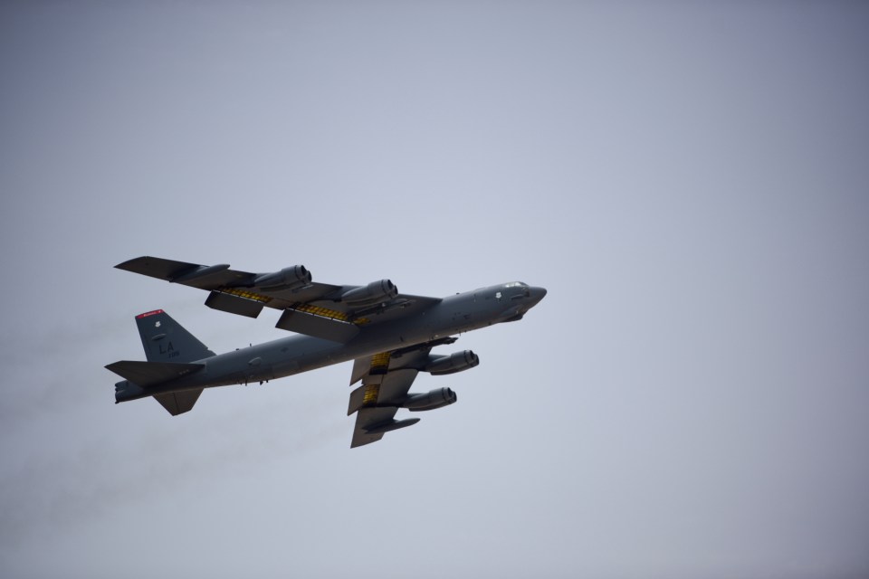  A US Air Force B-52H Stratofortress aircraft assigned to the 20th Expeditionary Bomb Squadron takes off from Al Udeid Air Base, Qatar for war games