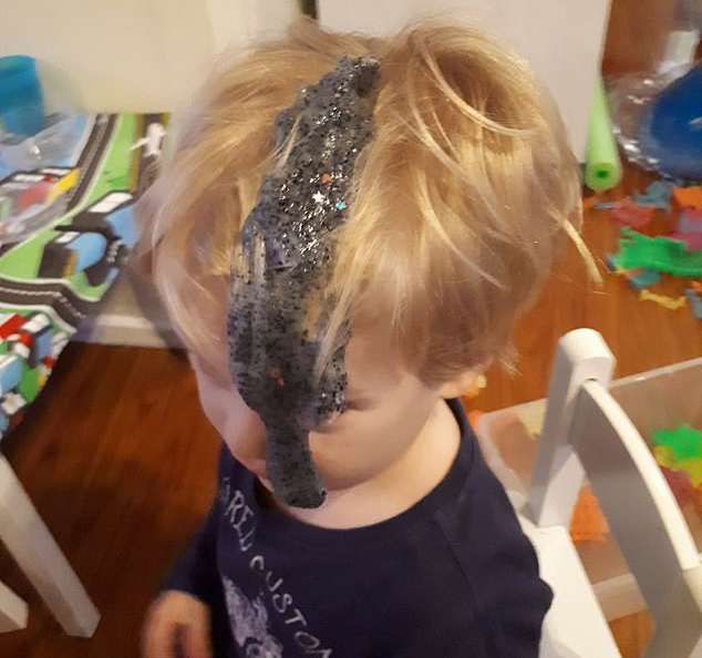  Much to his mother's horror, two-year-old Jordan poured an entire tub of glittery grey slime over his beautiful blonde hair