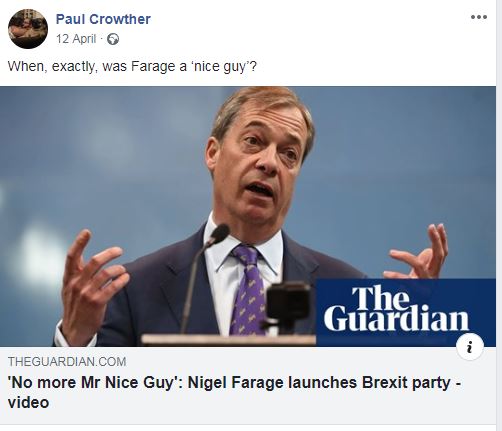  Paul Crowther, who claimed to have thrown the milkshake at Farage, had previously shared a string of posts about Brexit and criticising the politician