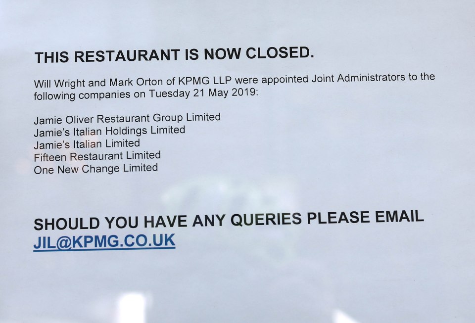  A closed sign has been placed at Jamie's Italian in Covent Garden, central London