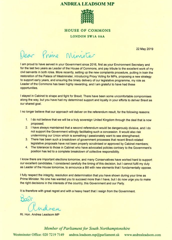  Leadsom's letter of resignation to the PM