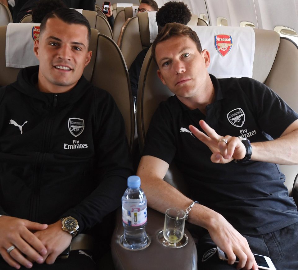  Granit Xhaka and Stephan Lichtsteiner in relaxed mood before their flight to Baku