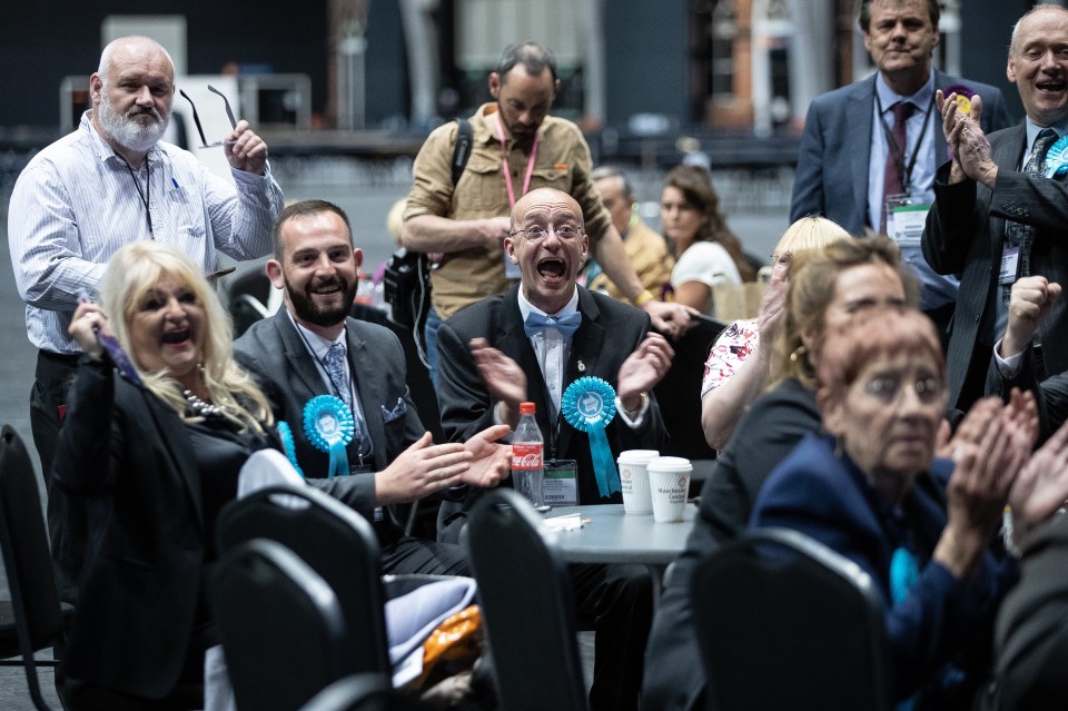  Brexit Party supporters in Manchester cheer as the results come in