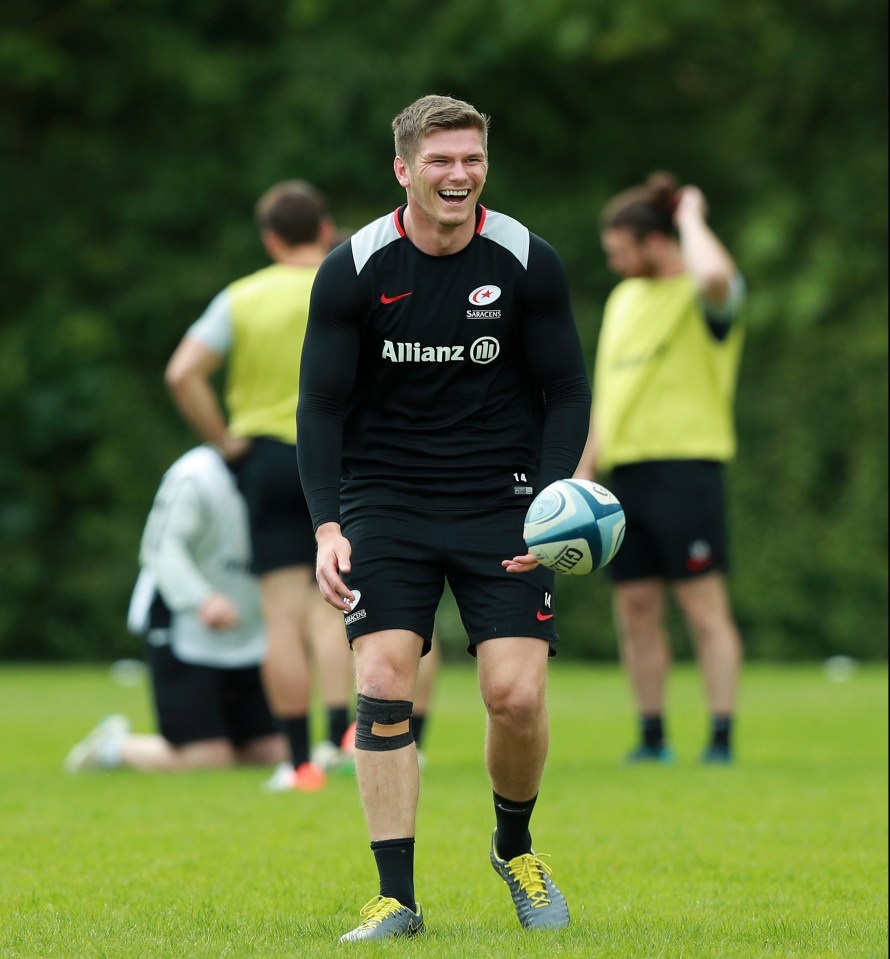 Owen Farrell is all smiles at training ahead of the Premiership final at Twickenham