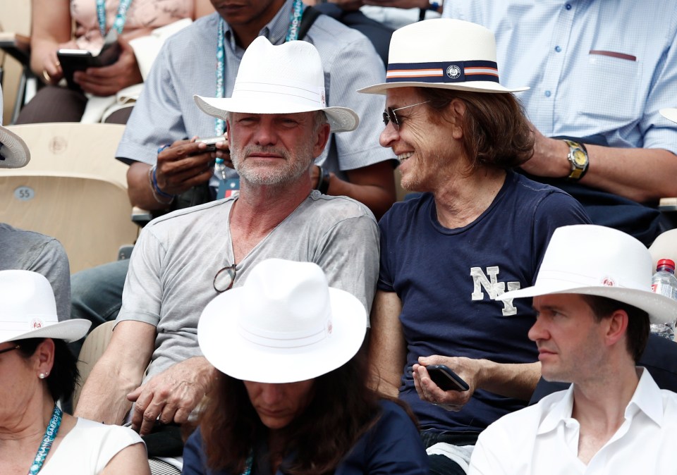  Musician Sting, 67, watched from the stands of Court Suzanne Lenglen as the Swiss superstar progressed