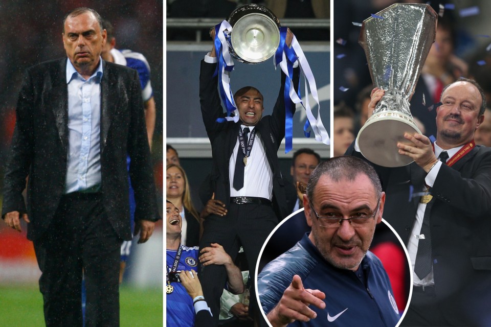 Maurizio Sarri will become the first permanent Chelsea boss to lead the Blues in a major Euro final - after Avram Grant, Roberto Di Matteo and Rafa Benitez