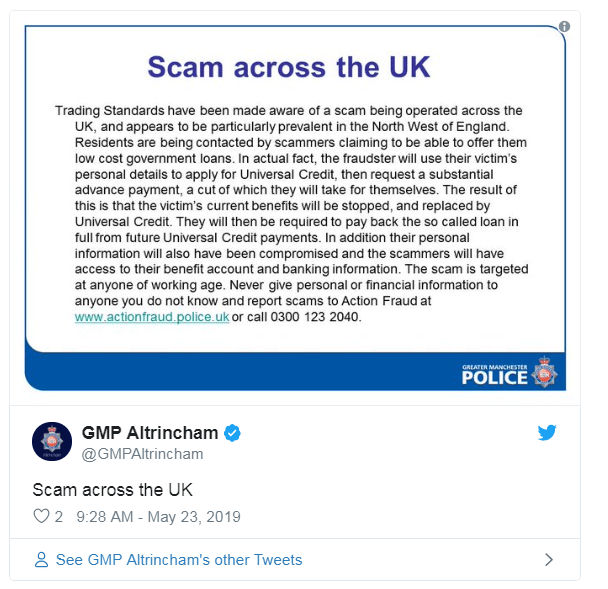 Greater Manchester Police has issued a warning about Universal Credit scams