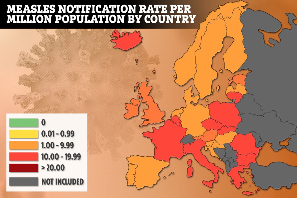 These figures from the European Centre for Disease Prevention and Control show the number of reported measles cases per European country from April 2018 to March this year